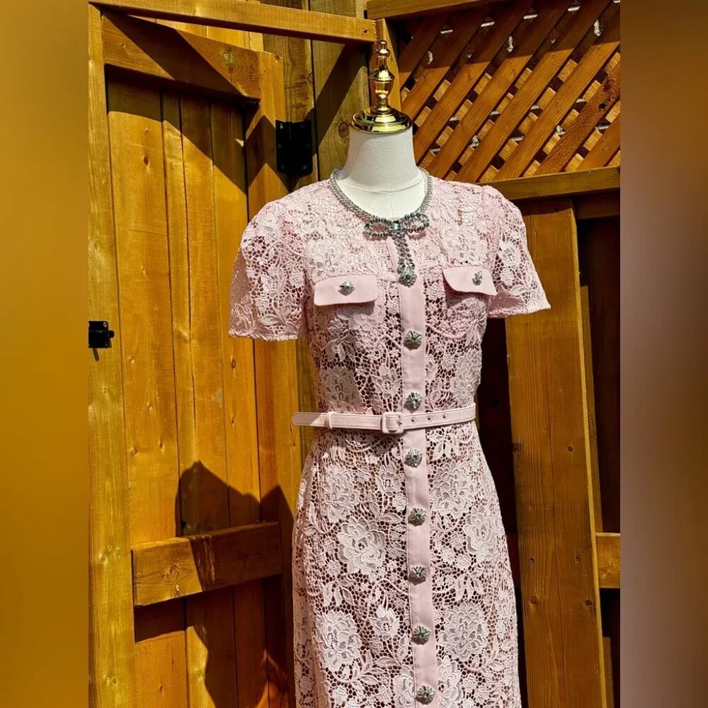 🆕 SELF-PORTRAIT 🧿 BNWOT Pink Lace Diamante Bow Midi Dress, Sz US 4 / UK 8 - Picture 4 of 16